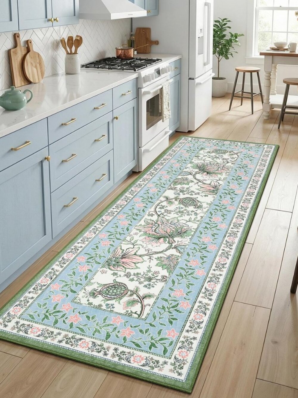 Blue Green Pink 2x6 Washable Kitchen Runner Rugs Non Slip Provence Botanical